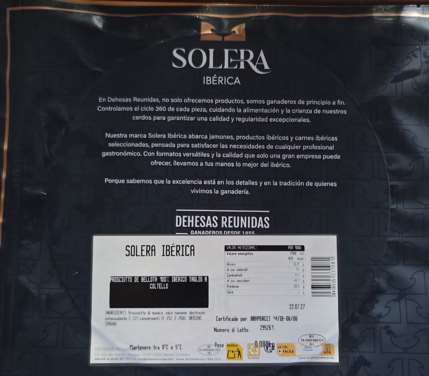 Jamón de Bellota 100% Ibérico D.O.P. Los Pedroches DR1855 (80g) – Tagliato a Coltello